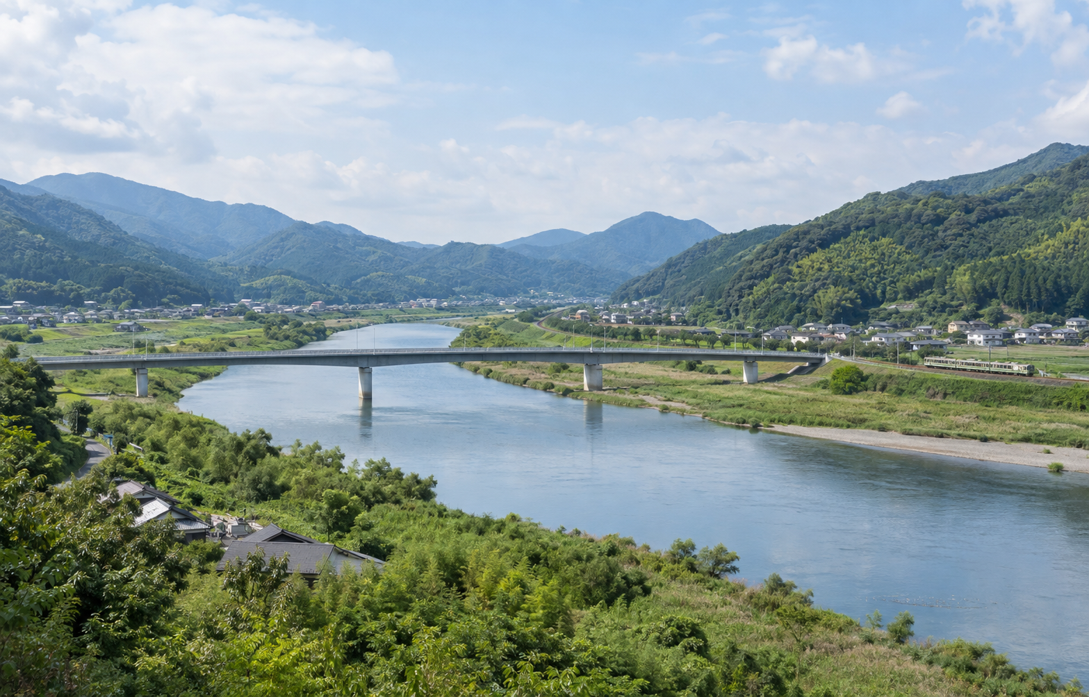 道路・鉄道・河川を表す架空の風景（AI生成）